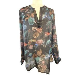 Massimo size Large Top Black Floral Sheer long-sleeve women's blouse flaw